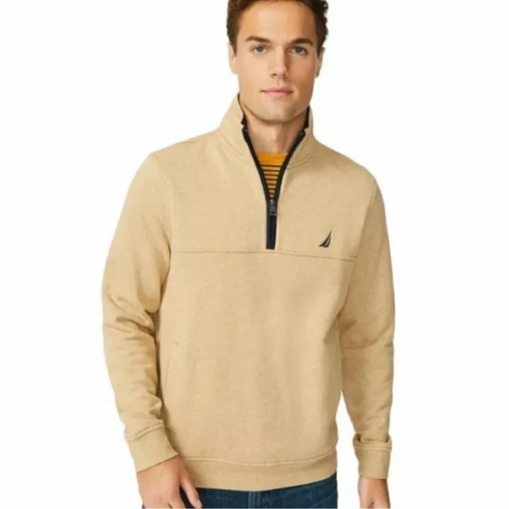 Nautica Men's COASTAL CAMEL HEATHER Quarter-Zip Knit Fleece Sweater, size medium